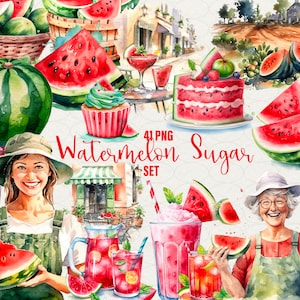 Clipart de melancia em aquarela, 41 arte digital PNG Limonada de melancia, bolo, frutas, milkshake, sorvete e muito mais para uso comercial.