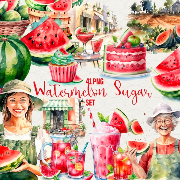 Watercolor Watermelon clipart, 41 PNG digital art Watermelon lemonade, cake, fruits, milkshake, ice cream, and more for Commercial Use.