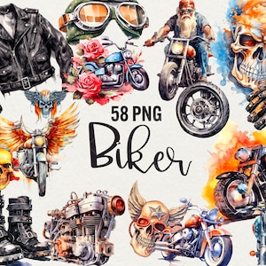 Clipart de motociclista en acuarela, 58 imágenes prediseñadas de moto PNG, imágenes prediseñadas de calavera, imágenes prediseñadas de alas, descarga instantánea para uso comercial.