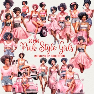 Conjunto de clipart de meninas pretas retrô rosa aquarela, clipart de garotas pin up, 26 PNG vestido rosa de senhora, linda garota latina, uso comercial