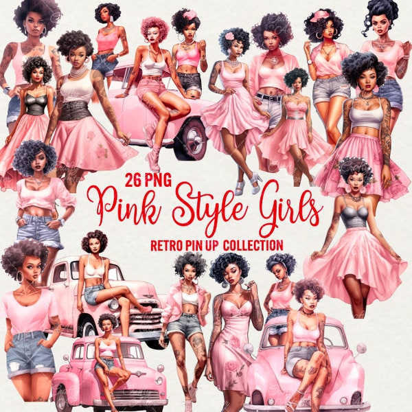 Watercolor Pink Retro Black girls Clipart set, Pin Up Girls clipart, 26 PNG lady pink dress, beautiful Latino girl lady, Commercial Use