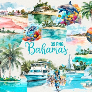 Bahamas Clipart, Sommer Reise Clip Art, 39 png Atlantik Inseln Aquarell, Bahamas Urlaub, Traumreise Clipart, kommerzielle Nutzung.