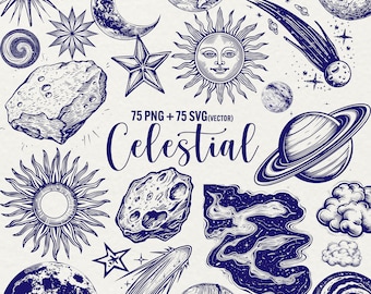 Celestial Clipart: Moon, Stars, Planets - Space Illustrations (75 PNG + 75 SVG)