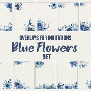 Sobreposições de flores azuis para convites, planejadores, 10 clipart de flores vintage azuis e prateadas, molduras de casamento, clipart floral para uso comercial.