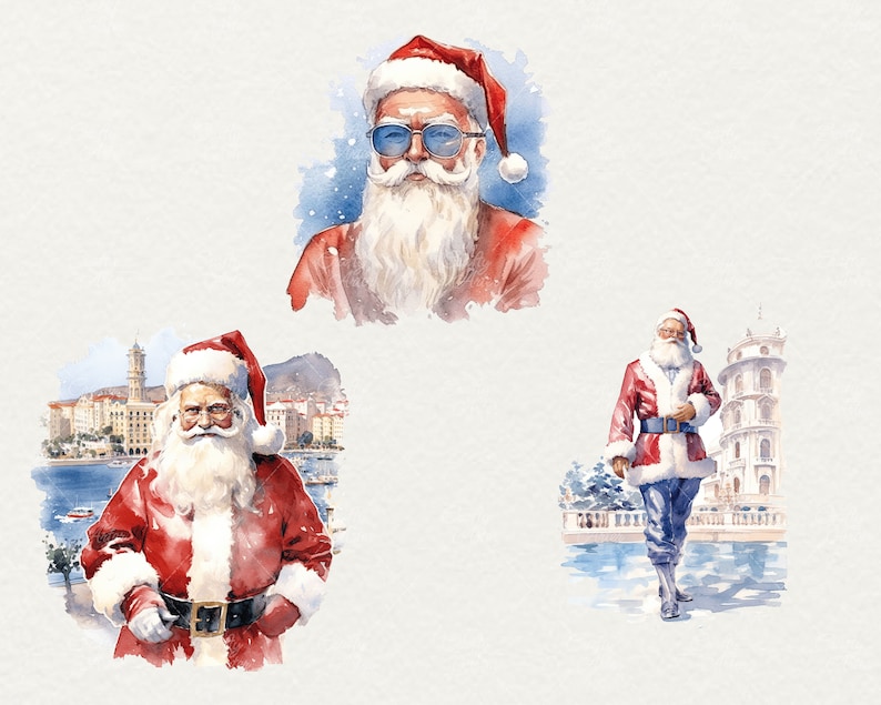 Watercolor Santa Vacation Clipart: 23 PNG Christmas Summer Graphics ...
