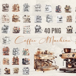 Máquina de café 40 PNG Set, Máquina de café Clipart, Design de pôster de máquina de café vintage, Adesivos de café PNG Arte para impressão, Uso comercial