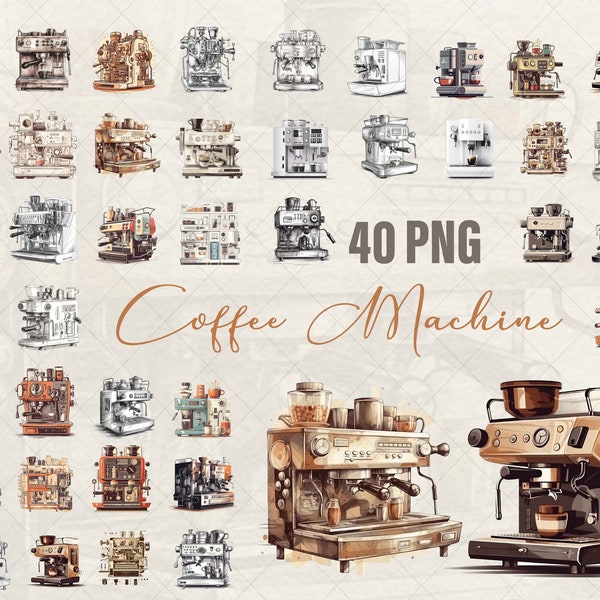 Coffee Machine 40 Png Set, Coffee Machine Clipart, Vintage Coffee Machine Poster Design, Coffee Stickers PNG Printable Art, Commercial Use