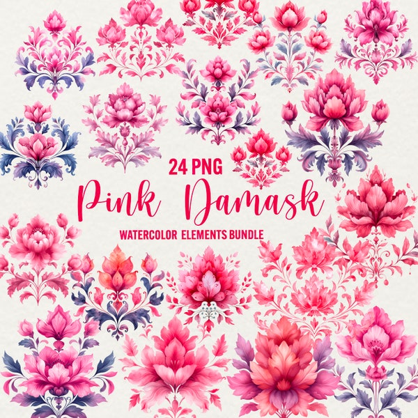 Watercolor Pink Damask elements, 24 png elegant floral ornament, vintage pink, damask rococo graphics, instant download, commercial use