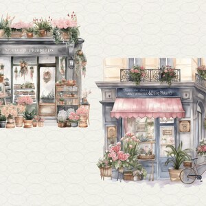 May include: Two watercolor illustrations of flower shops. The first shop is called "Specialty Priergelds" and has a gray facade with a large window display of flowers. The second shop is called "French Style & Petite Paris" and has a pink awning with a bicycle parked in front.