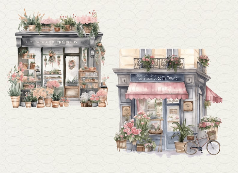 May include: Two watercolor illustrations of flower shops. The first shop is called "Specialty Priergelds" and has a gray facade with a large window display of flowers. The second shop is called "French Style & Petite Paris" and has a pink awning with a bicycle parked in front.