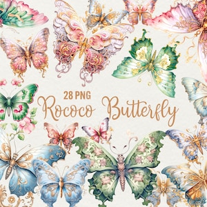 Aquarell Rokoko Schmetterling Clipart, Tier Clipart, 28 PNG Rokoko Schmetterling Clipart, Elegante Schmetterlinge Clipart, sofortiger Download, kommerzielle Nutzung.