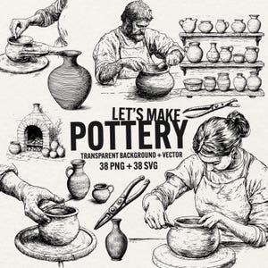 Zestaw clipartów z ceramiki, wytwarzanie ceramiki PNG SVG, cliparty z ceramiki w formie rysunków liniowych, sublimacja w studio ceramicznym, zestaw SVG z ceramiką, wykorzystanie komercyjne