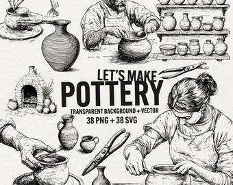 May include: A black and white illustration of people making pottery. The image includes a variety of pottery pieces, including pots, bowls, and plates. The text "Let's Make Pottery" is included in the image.