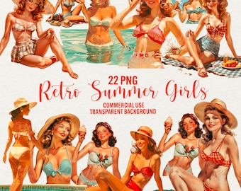 Imágenes prediseñadas de chica pin-up retro: ilustraciones PNG de trajes de baño de verano (22)