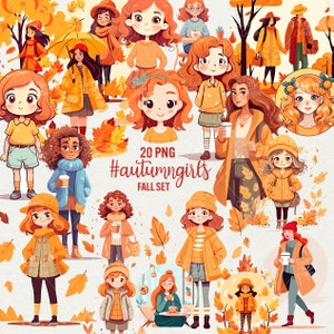 Autumn Girls Clipart, 20 PNG Cartoon  Autumn illustration, Cute Autumn time Fall clipart leaves graphics, Commercial use