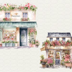 May include: Two watercolor illustrations of flower shops in Paris, France. The first shop is called "Parritals" and the second shop is called "Pparat Terdispn". Both shops have flowers and plants in front of them.