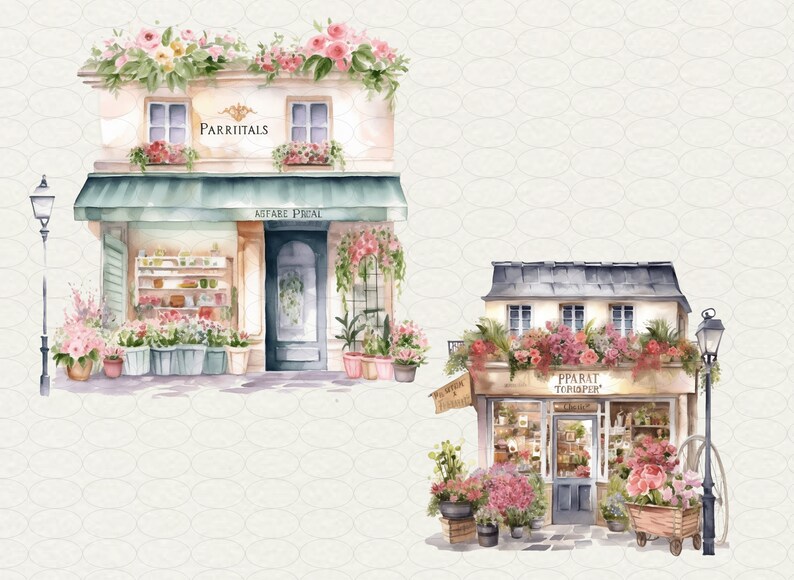 May include: Two watercolor illustrations of flower shops in Paris, France. The first shop is called "Parritals" and the second shop is called "Pparat Terdispn". Both shops have flowers and plants in front of them.