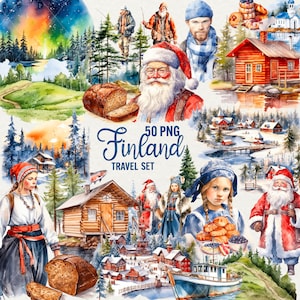 Clipart acquerello Finlandia, 50 png Clipart paesaggio nordico Clipart natura scandinava Clipart cultura finlandese viaggio, uso commerciale