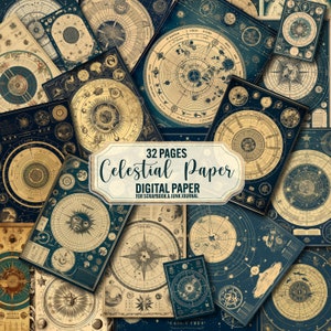 Celestial Astrology Digital papers, 32 astrologie afdrukbare pagina's, vintage ephemera plakboekpapier om af te drukken, junk journal, commercieel gebruik