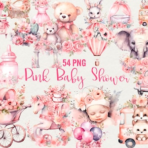 May include: A set of 54 pink baby shower clipart images featuring a variety of cute animals, floral arrangements, and baby-related items. The images are perfect for creating invitations, party decorations, and other baby shower crafts.