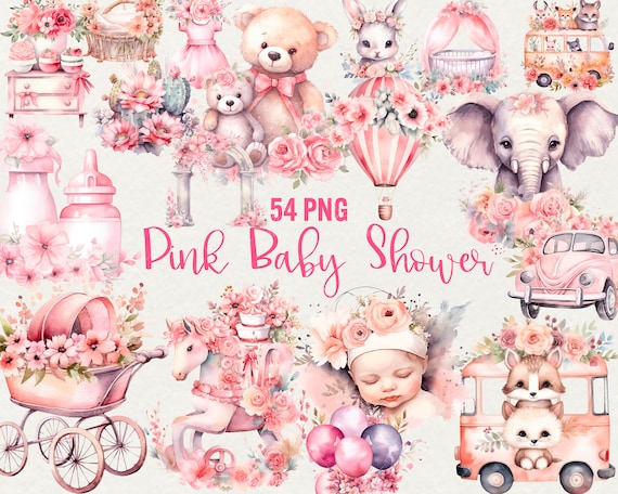 Watercolor Baby Shower Clipart: 54 Pink Nursery PNG Images (Commercial Use)