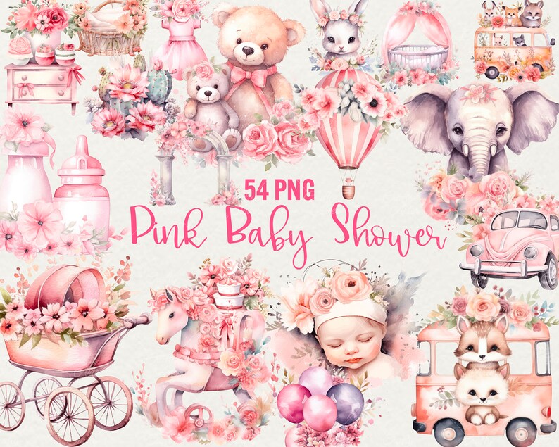 May include: A set of 54 pink baby shower clipart images featuring a variety of cute animals, floral arrangements, and baby-related items. The images are perfect for creating invitations, party decorations, and other baby shower crafts.