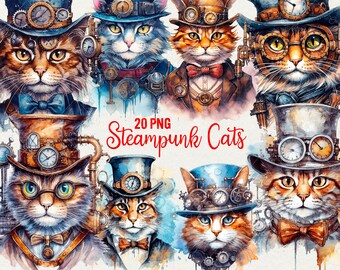 Steampunk Katzen Clipart: 20 PNG Aquarell Illustrationen (Kommerzielle Nutzung)