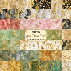 Puede incluir: 40 patrones de papel digital sin costuras en formato PNG que presentan un fondo de pared de yeso texturizado y desgastado, dorado. Los patrones están en varios tonos de dorado, verde, rosa y negro.