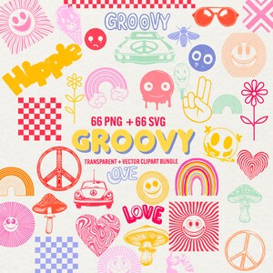 Imágenes prediseñadas retro con mucho estilo, gráficos retro con mucho estilo PNG, onda retro hippie vectorial, paz positiva, sonrisa amorosa, archivos para uso comercial en Cricut