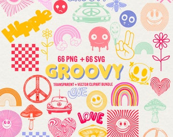 Puede incluir: Un conjunto de 66 imágenes de clip art retro groovy en formato PNG y SVG. Las imágenes presentan signos de paz, arcoíris, hongos, corazones, caras sonrientes y las palabras "groovy" y "love".