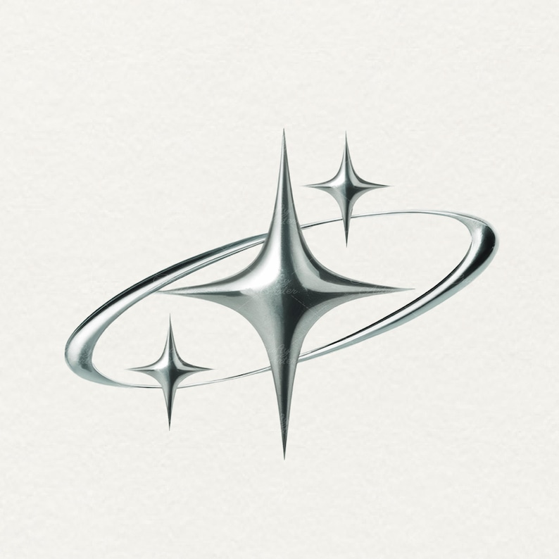 Metal star PNG bundle with 45 chrome aesthetic clipart designs, including silver starbursts, shooting stars, spiked stars, outlined stars, orbiting planets, crescent moons, and celestial shapes. Trendy Y2K and futuristic style, perfect for digital art, sublimation, scrapbooking, websites, social media posts, Twitch overlays, and DIY crafts. Each PNG has a transparent background, ideal for Canva, and other design platforms. Great for aesthetic and gothic projects.