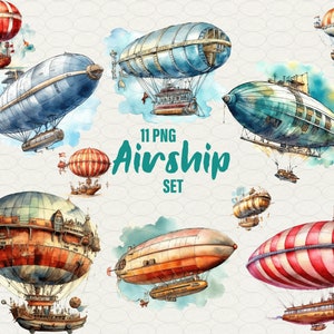 Airship Clipart, Watercolor airship PNG, Steampunk illustration, Victorian, Air Balloon, 11 png for Commercial use