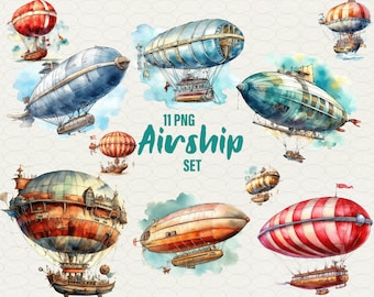 Watercolor Airship Clipart: Steampunk Victorian Balloons (11 PNG)