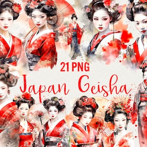 Japan Geisha Clipart, 21 png traditionelle japanische Aquarellgrafiken, Japan Kultur scrapbooking. Asien Japan Clipart, kommerzielle Nutzung.
