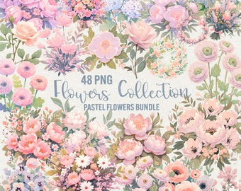 Watercolor Flower Clipart: 48 PNG Pastel Floral Bouquet Graphics (Commercial Use)