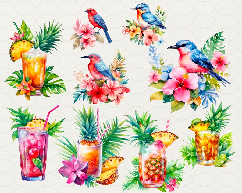Summer Hawaii Clipart, Aloha Hawaii Watercolor, 64 PNG Hawaii clip art Digital art, flowers, drinks, surfing, beach, palms, Commercial use. Hawaii party, luau Hawaii