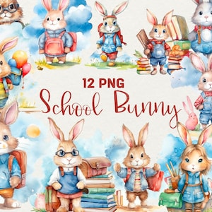 Clipart de conejito escolar en acuarela, clipart de regreso a clases, animales escolares en acuarela, 12 PNG, libros de conejito, clipart, uso comercial digital