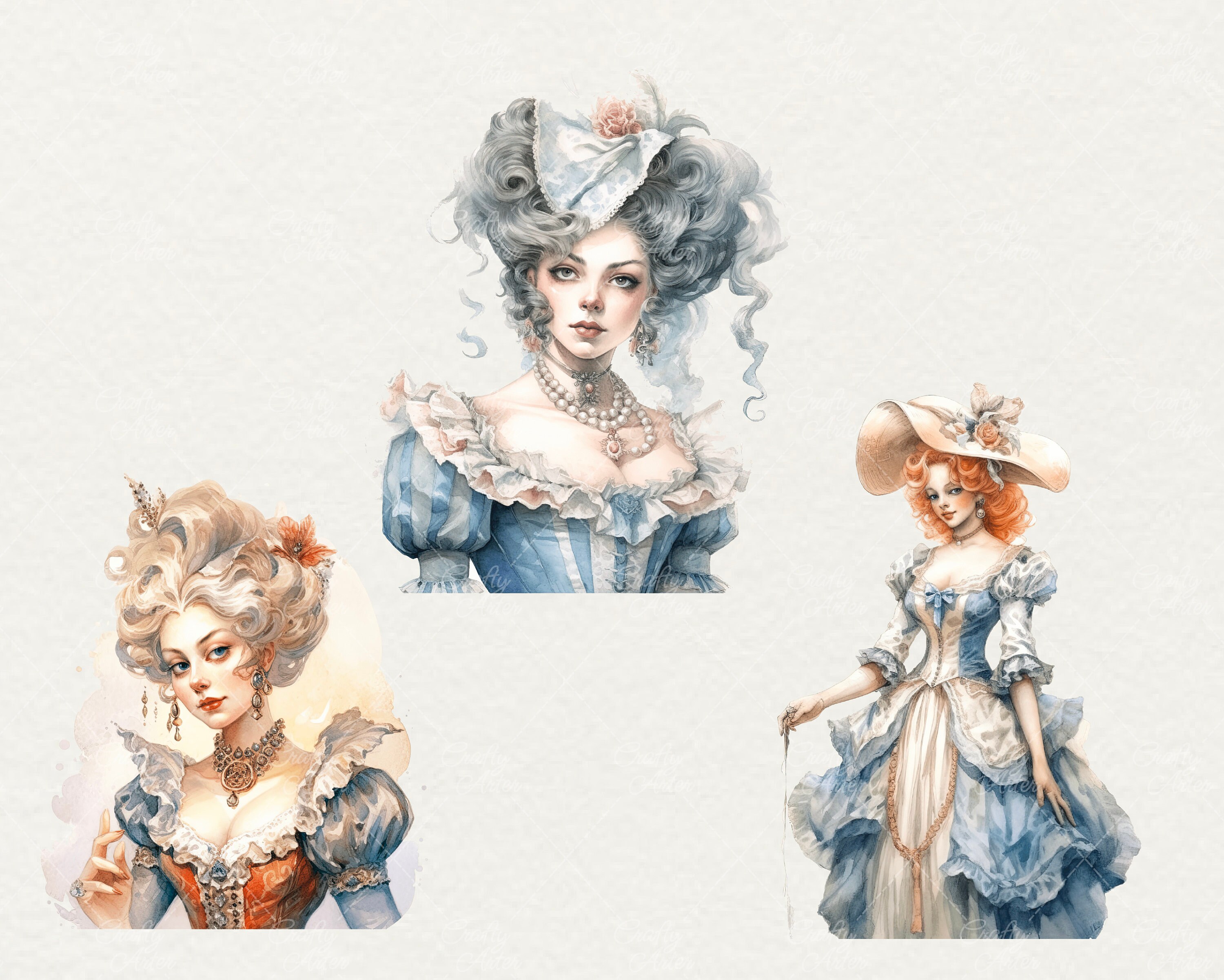 Watercolor Rococo Ladies Clipart: 24 PNG Princess Graphics (commercial ...