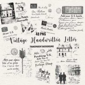 Superposiciones de letras manuscritas, 48 letras antiguas PNG, escritura vintage, diarios basura de scrapbooking digital, fondo transparente, uso comercial