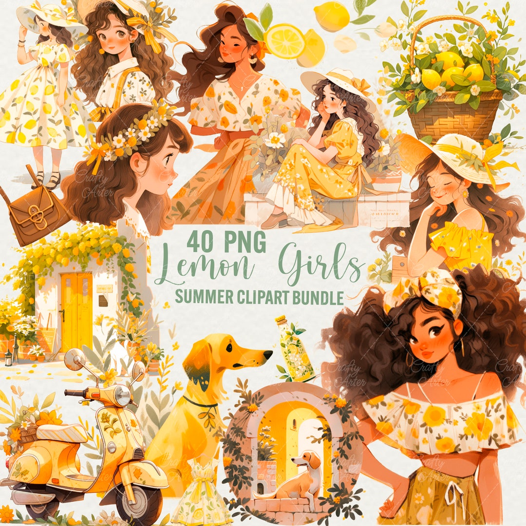 Watercolor Lemon Girls Clipart, Summer Travel Clip Art 40 Png, Cute ...