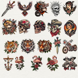 Old school Tattoo Clipart, 45 png traditional tattoo art, retro tattoo graphics, vintage tattoo png, transparent background, commercial use, red rose tattoo, skull tattoo, Tiger tattoo, mermaid tattoo, girl tattoo, cat tattoo, flower peony tattoo
