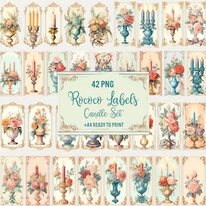 Rococo Candle Labels Clipart: Vintage Printable Tags (PNG, A4)