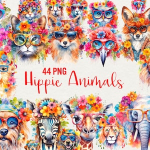 Imágenes prediseñadas de animales hippies en acuarela, 44 imágenes prediseñadas de hippies en formato PNG, imágenes prediseñadas de animales de Pease, elefante, león, tigre, gato, jirafa. Uso comercial.