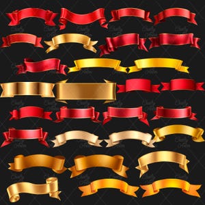 Ribbon Banners Clipart, 50 png red banners, gold ribbons, labels png, scrapbook, junk journal, transparent background, commercial use, ribbon overlays, paper crafts, red flag tag, gold flag tag, banner clip art graphics