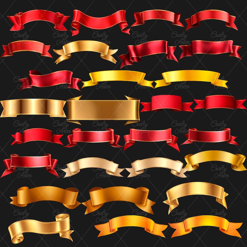 Ribbon Banners Clipart, 50 png red banners, gold ribbons, labels png, scrapbook, junk journal, transparent background, commercial use, ribbon overlays, paper crafts, red flag tag, gold flag tag, banner clip art graphics