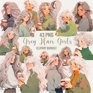 Graues Haar Mädchen Clipart, 43 png Kaffeeliebhaber Mädchen, schicke Grafiken, Mode Frau Clip Art, hübsche Mädchen, sofortiger Download, kommerzielle Nutzung