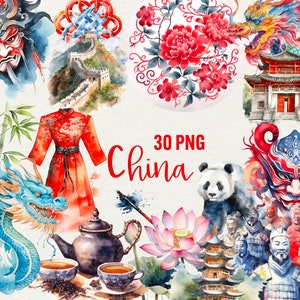 Clipart Cina, 30 png grafica tradizionale cinese ad acquerello, scrapbooking cultura cinese. Clipart Asia Cina, uso commerciale.