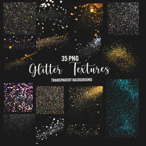 Clipart sovrapposizioni glitter, 35 texture glitter png, coriandoli scintillanti png, sovrapposizioni di foto di polvere dorata, sfondo trasparente per uso commerciale