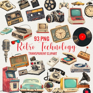 Clipart technologie rétro, technologie png, tv vintage, photographie png, ordinateur rétro, clipart de jeu, disques vinyles png, usage commercial