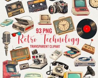 May include: A collection of 93 retro technology clipart images. The images include a vintage camera, a cassette tape, a typewriter, a rotary phone, a microphone, a record player, a video game controller, a computer monitor, a clock, a car, and more.